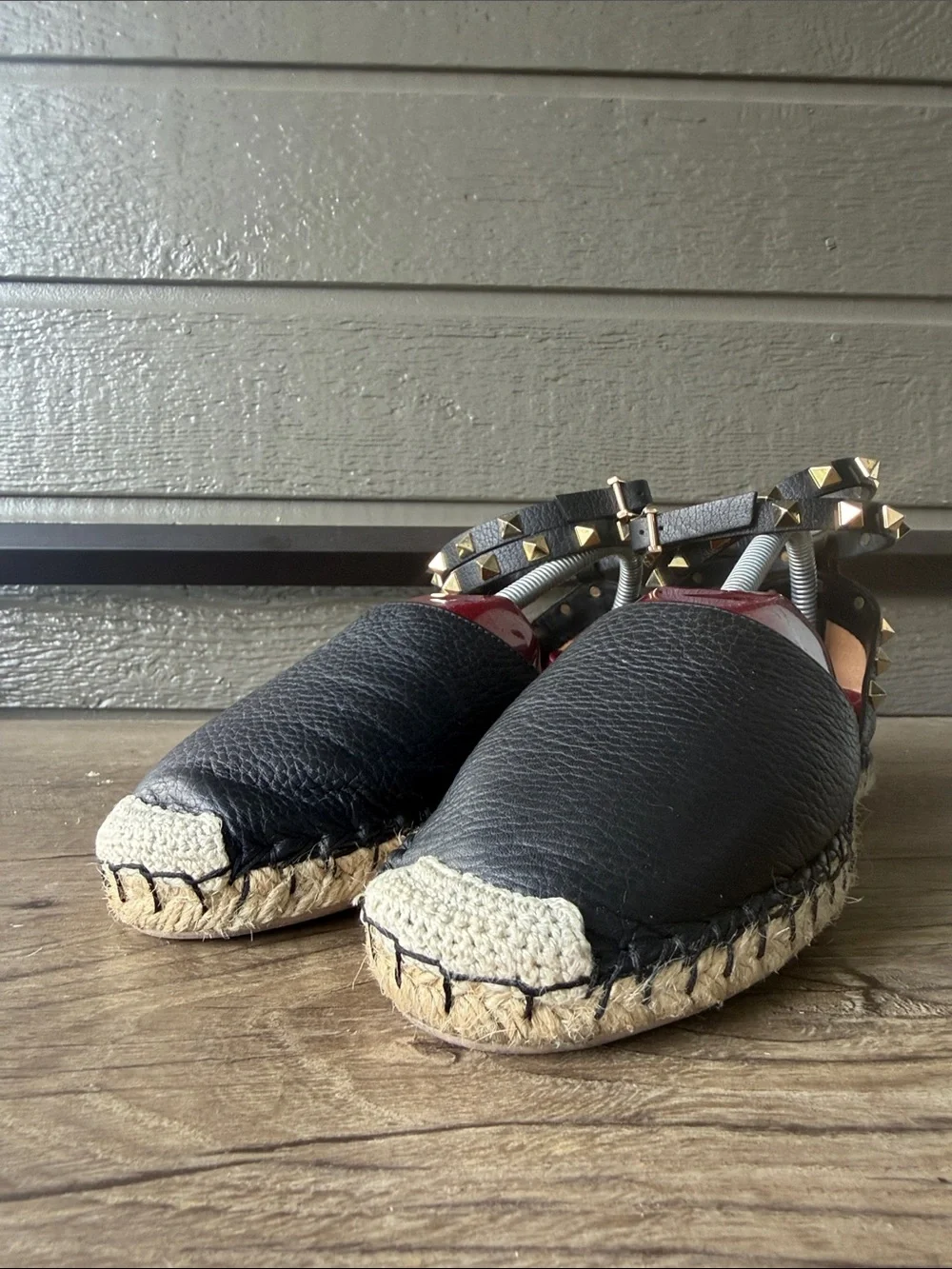 Valentino Garavani Black Leather Espadrille Studded Ankle Strap size 38/ US 7.5